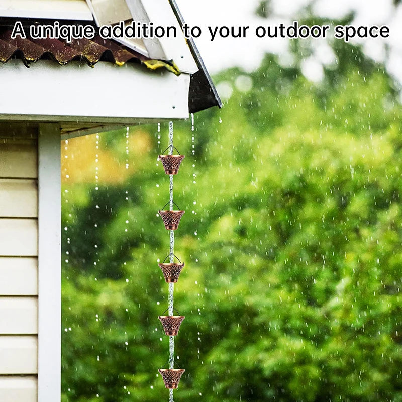 Copper-Finish Rain Chain — 12 Cascading Cups
