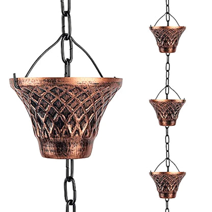 Copper-Finish Rain Chain — 12 Cascading Cups
